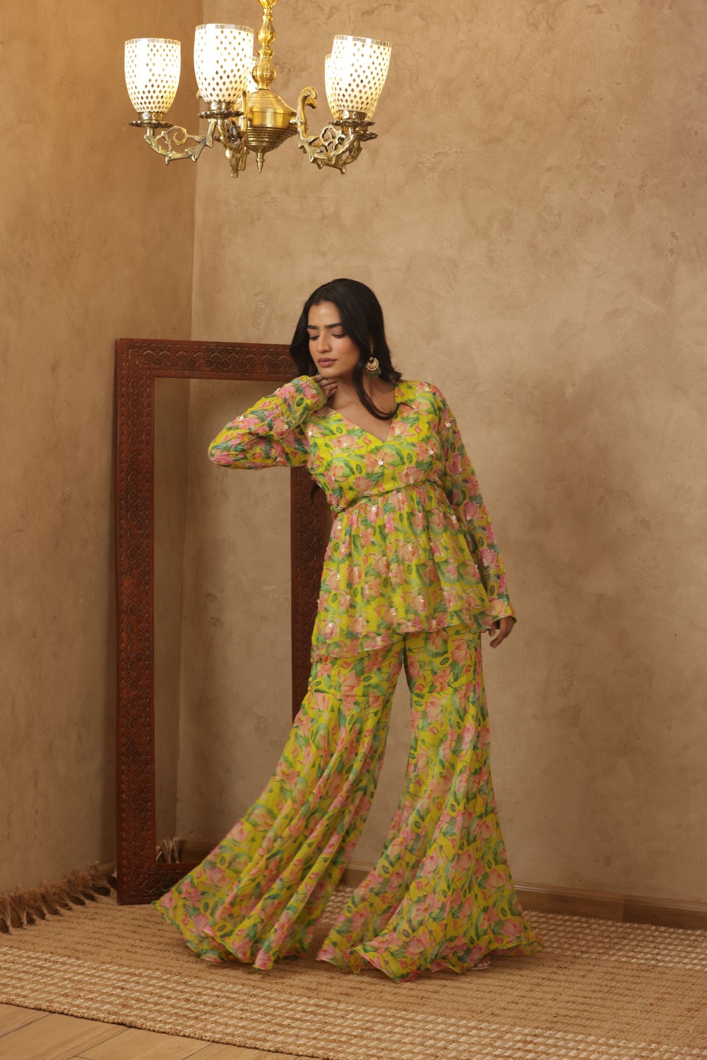ZUNAIRA NEON FLORAL EMBROIDERED KURTI SHARARA SET
