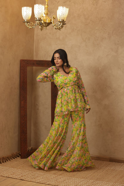 ZUNAIRA NEON FLORAL EMBROIDERED KURTI SHARARA SET
