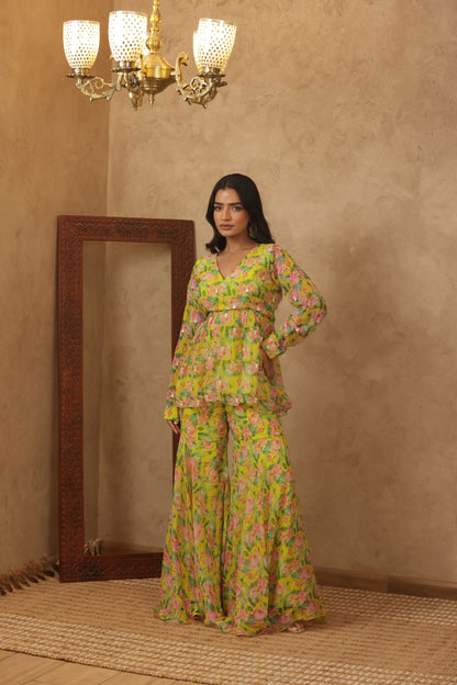 ZUNAIRA NEON FLORAL EMBROIDERED KURTI SHARARA SET