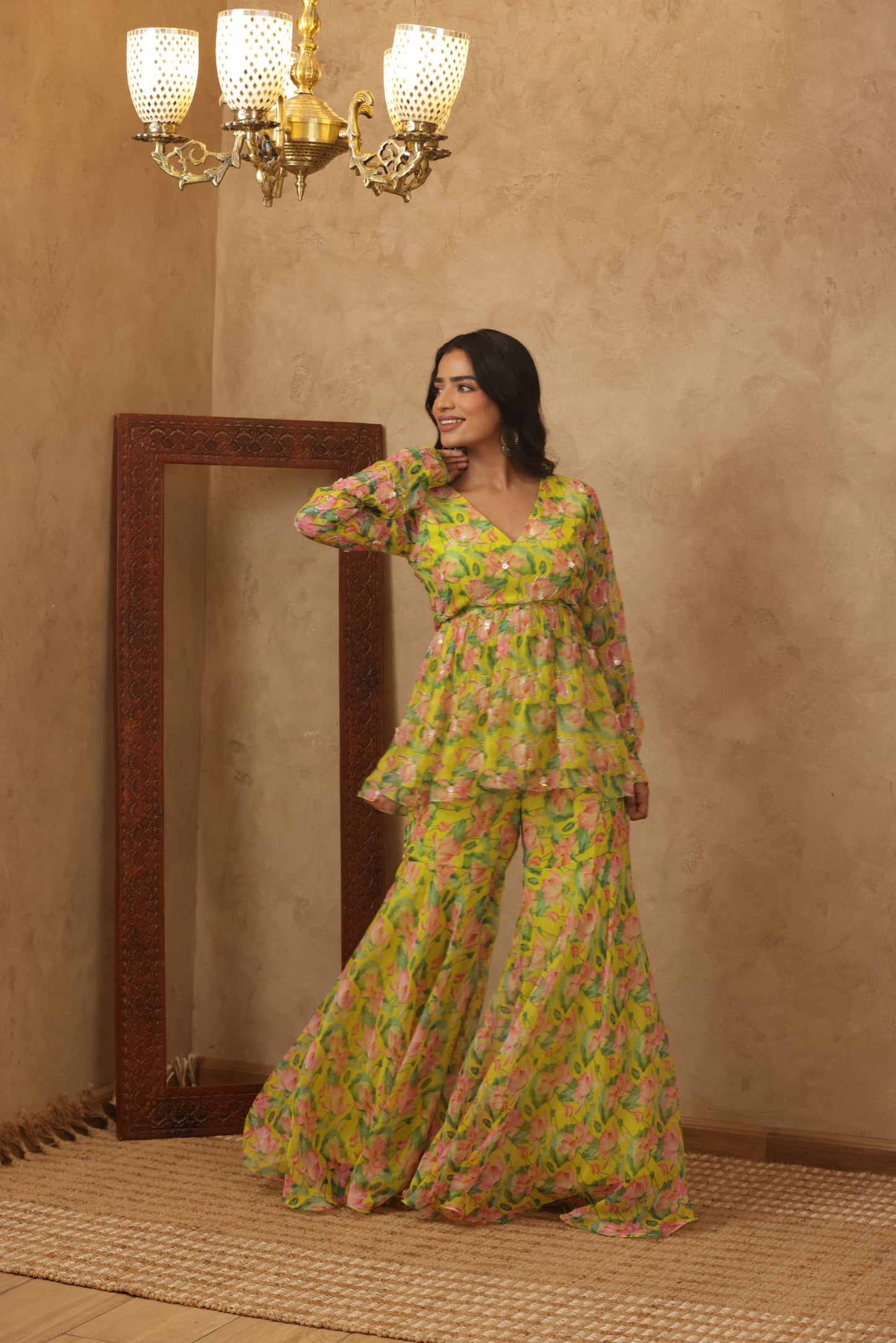 ZUNAIRA NEON FLORAL EMBROIDERED KURTI SHARARA SET