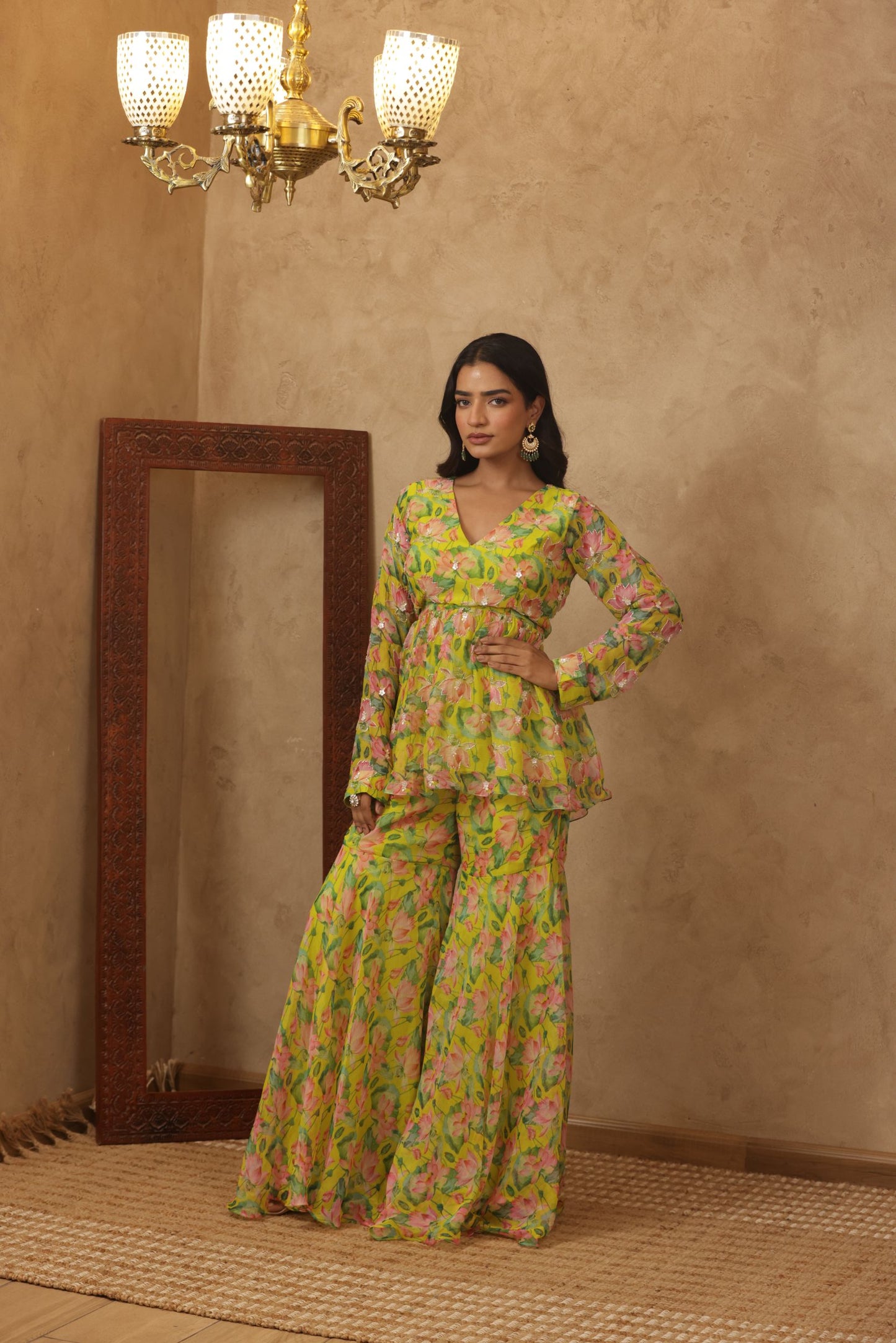 ZUNAIRA NEON FLORAL EMBROIDERED KURTI SHARARA SET