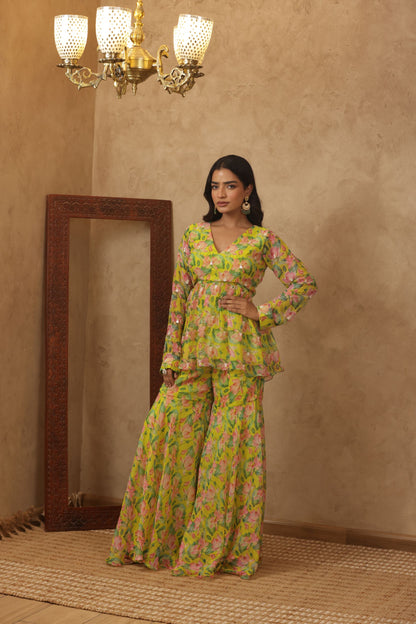 ZUNAIRA NEON FLORAL EMBROIDERED KURTI SHARARA SET