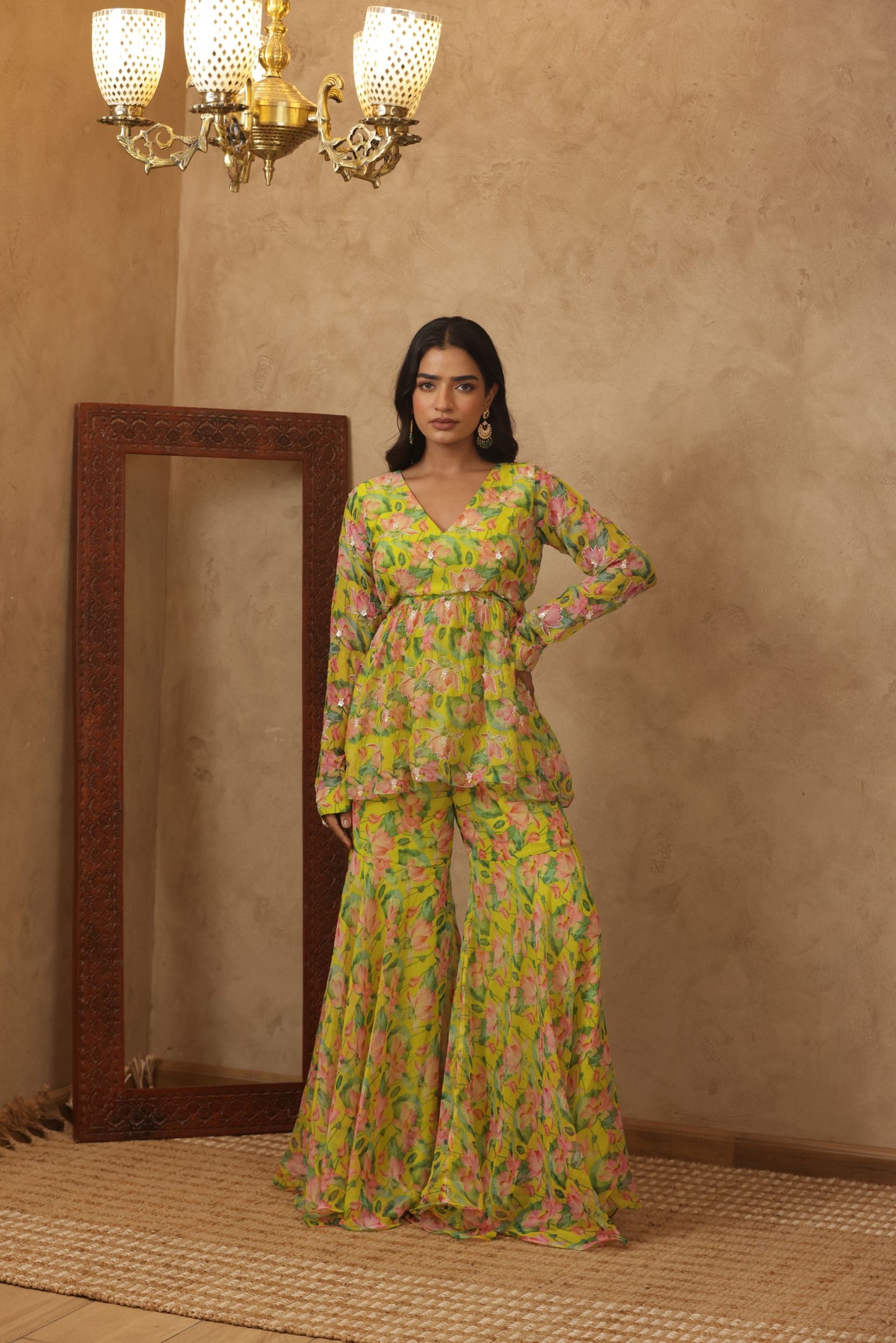 ZUNAIRA NEON FLORAL EMBROIDERED KURTI SHARARA SET