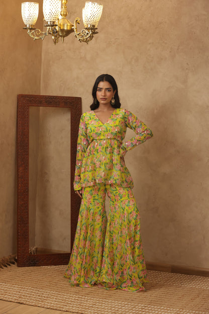 ZUNAIRA NEON FLORAL EMBROIDERED KURTI SHARARA SET