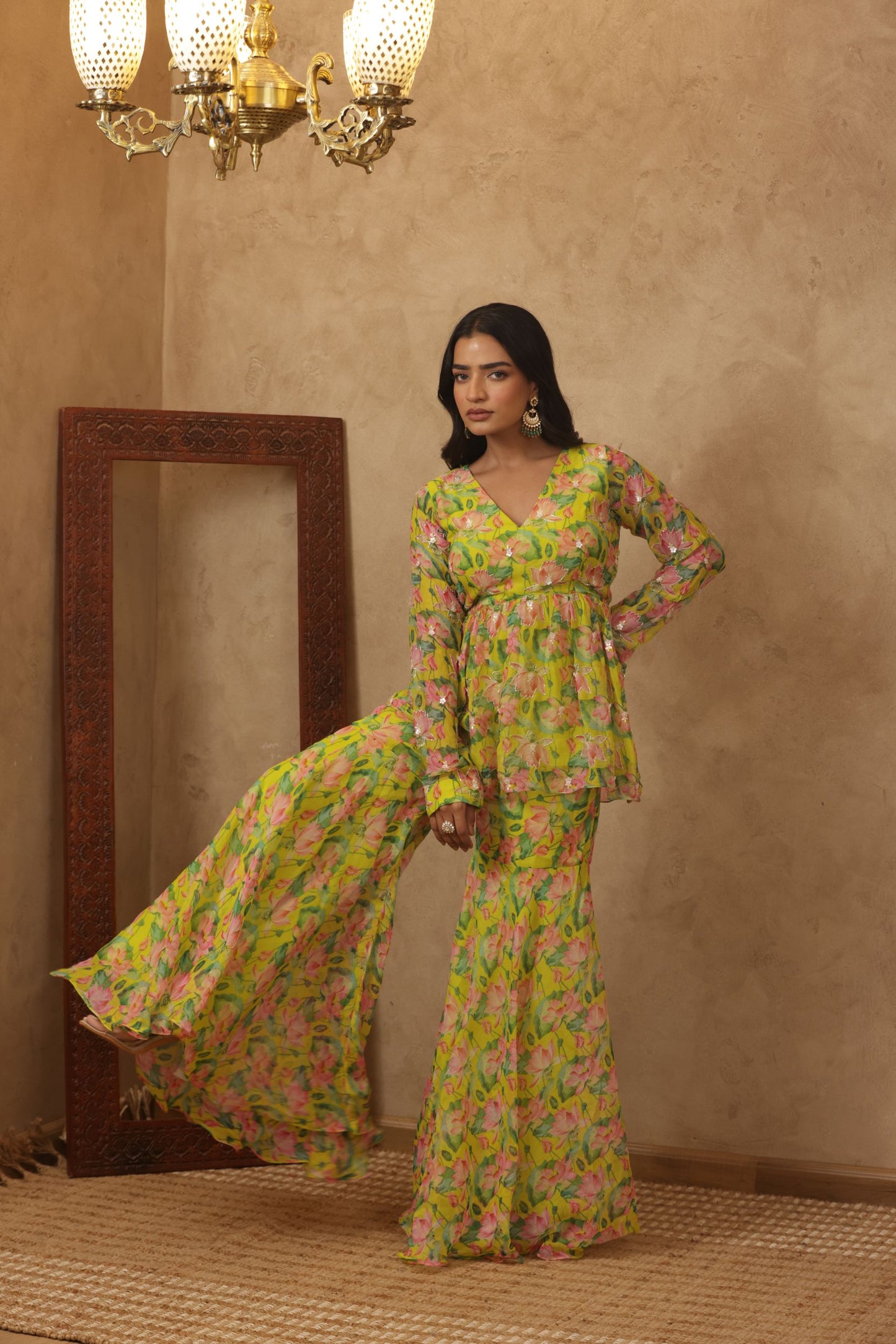 ZUNAIRA NEON FLORAL EMBROIDERED KURTI SHARARA SET