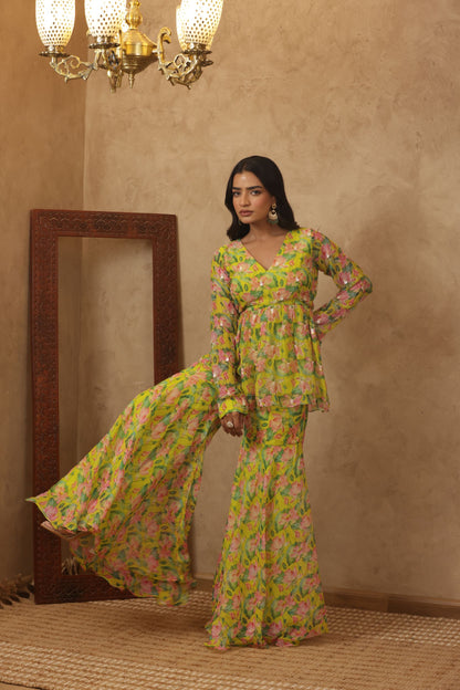 ZUNAIRA NEON FLORAL EMBROIDERED KURTI SHARARA SET