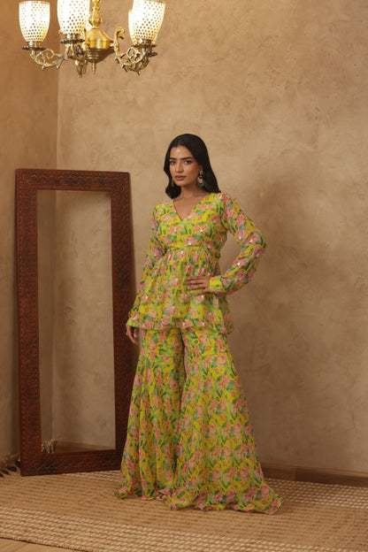 ZUNAIRA NEON FLORAL EMBROIDERED KURTI SHARARA SET