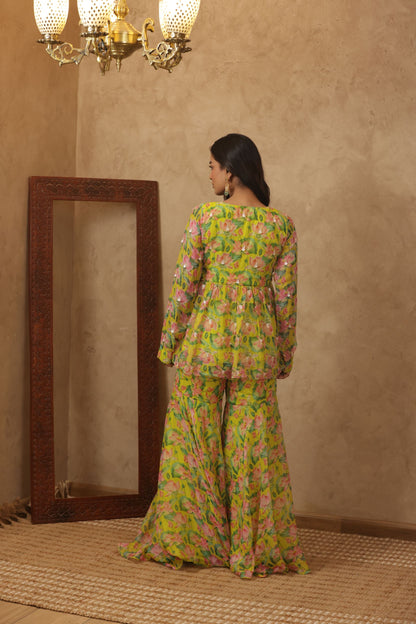 ZUNAIRA NEON FLORAL EMBROIDERED KURTI SHARARA SET