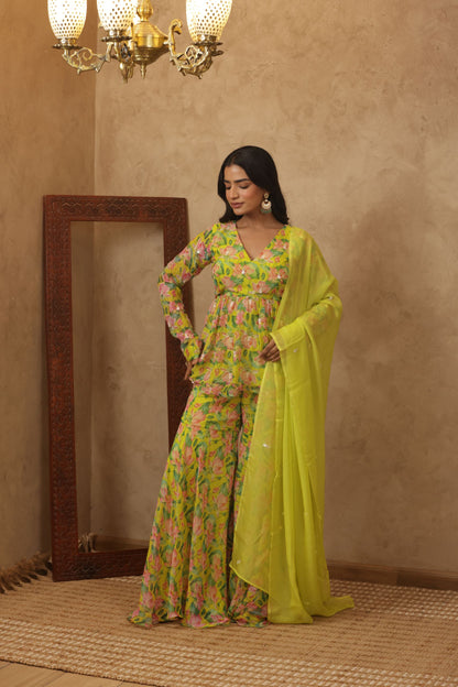 ZUNAIRA NEON FLORAL EMBROIDERED KURTI SHARARA SET