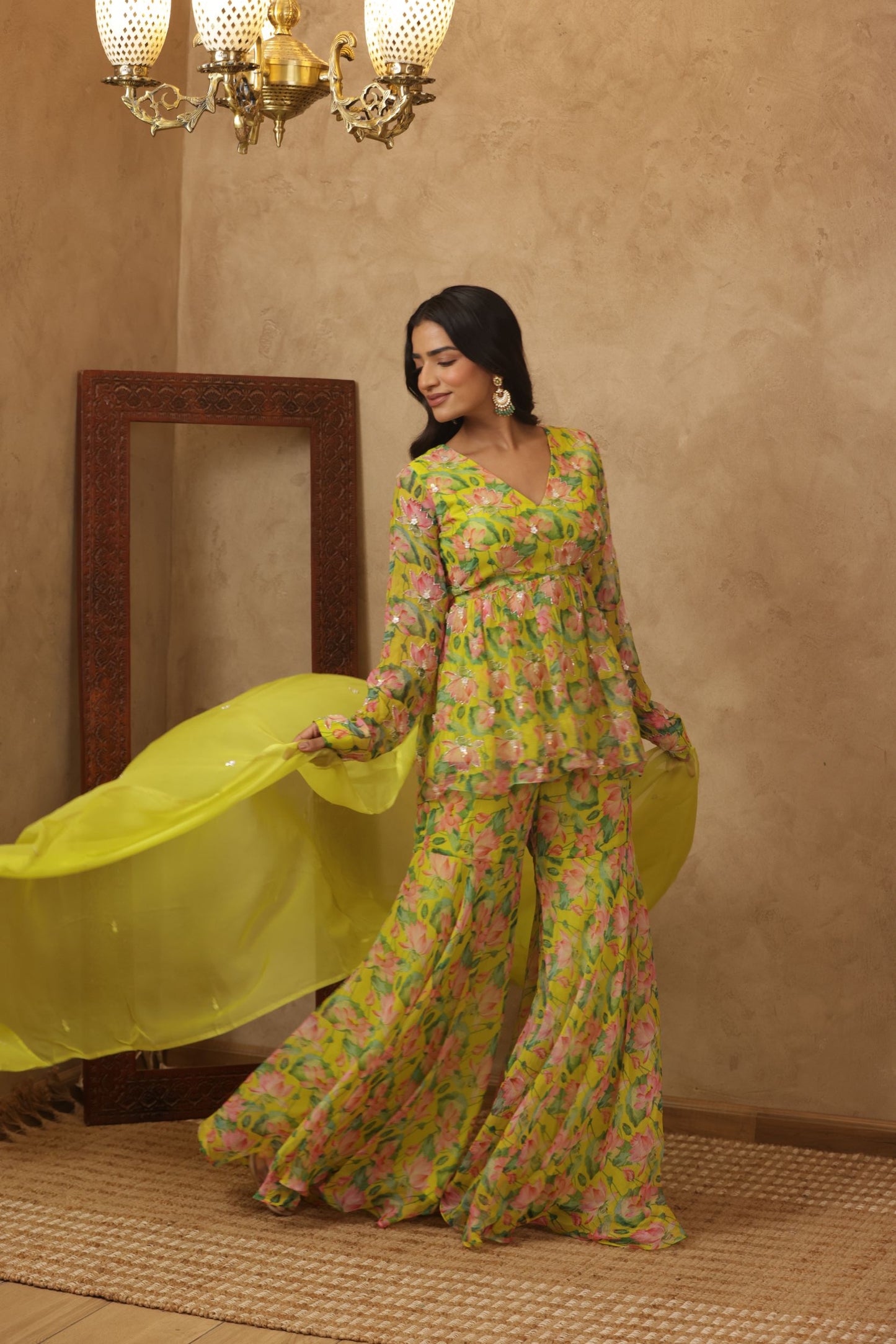 ZUNAIRA NEON FLORAL EMBROIDERED KURTI SHARARA SET