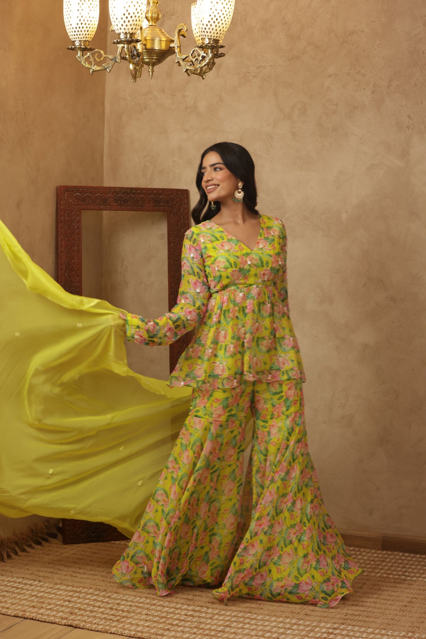 ZUNAIRA NEON FLORAL EMBROIDERED KURTI SHARARA SET