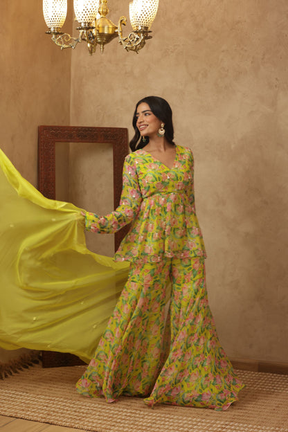 ZUNAIRA NEON FLORAL EMBROIDERED KURTI SHARARA SET