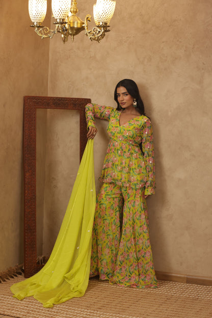 ZUNAIRA NEON FLORAL EMBROIDERED KURTI SHARARA SET