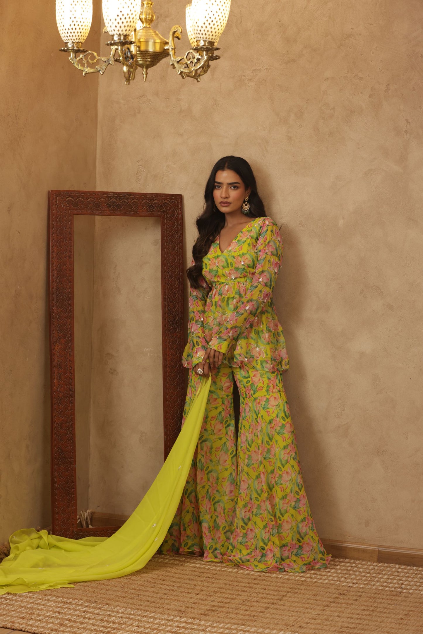 ZUNAIRA NEON FLORAL EMBROIDERED KURTI SHARARA SET