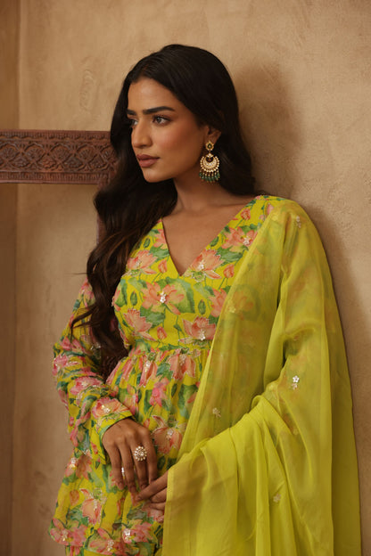 ZUNAIRA NEON FLORAL EMBROIDERED KURTI SHARARA SET
