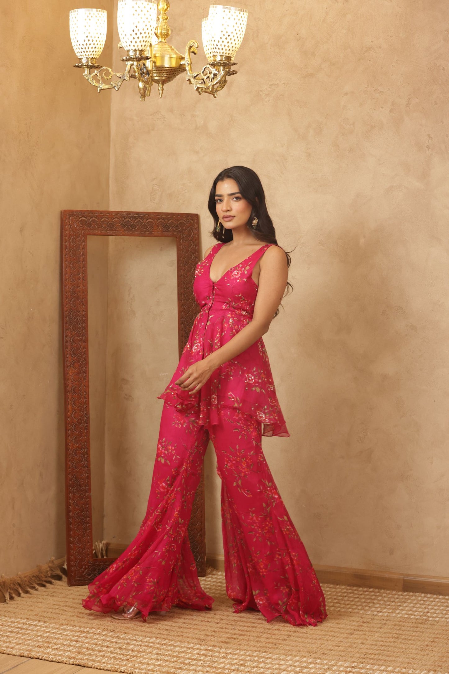 RAAJVI PINK FLORAL EMBROIDERED KURTI SHARARA SET