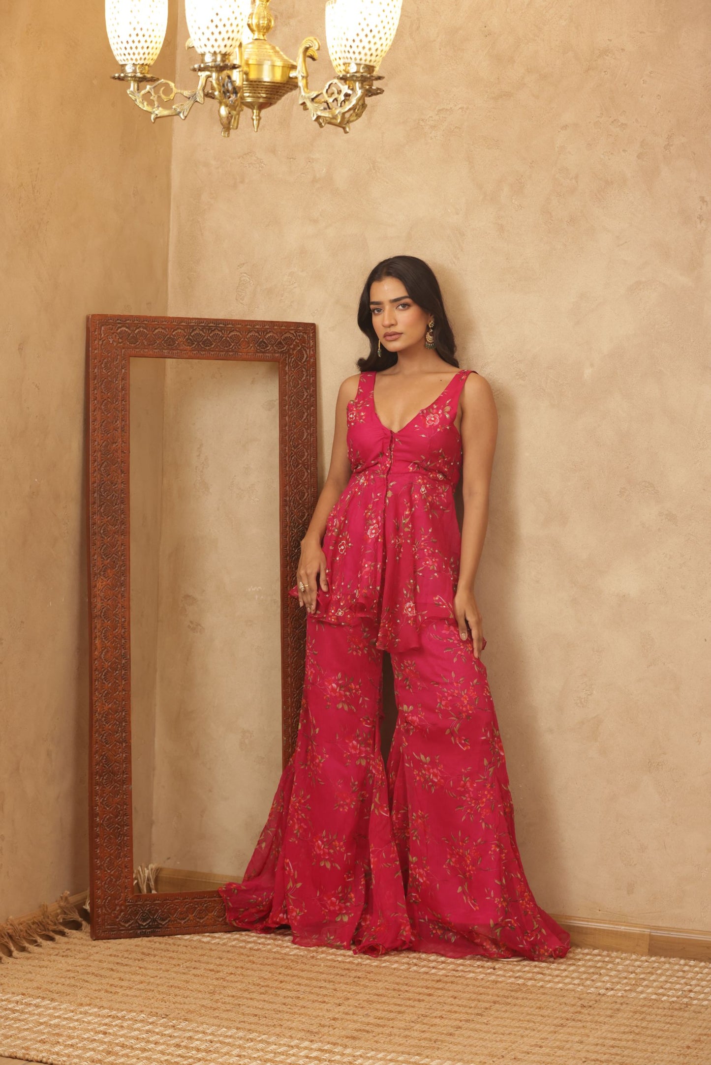 RAAJVI PINK FLORAL EMBROIDERED KURTI SHARARA SET