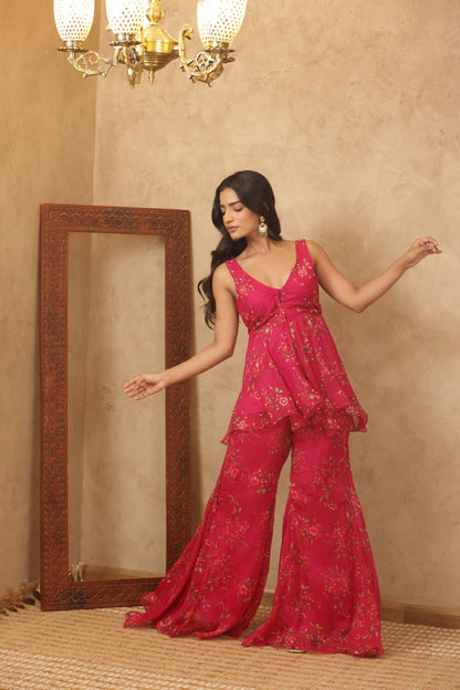 RAAJVI PINK FLORAL EMBROIDERED KURTI SHARARA SET