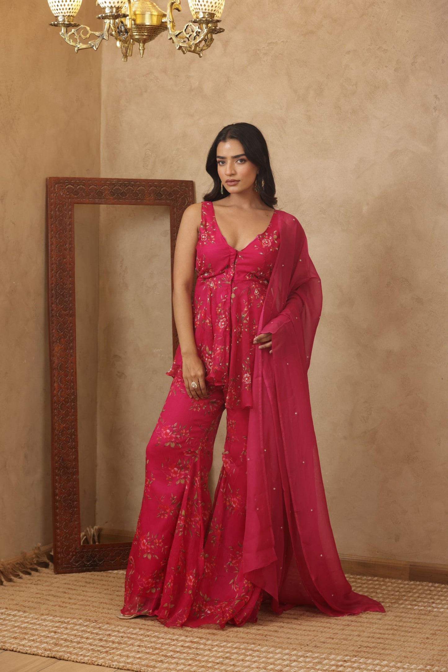 RAAJVI PINK FLORAL EMBROIDERED KURTI SHARARA SET