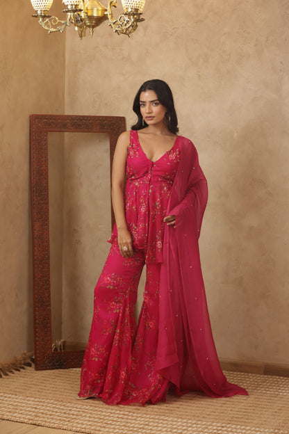 RAAJVI PINK FLORAL EMBROIDERED KURTI SHARARA SET