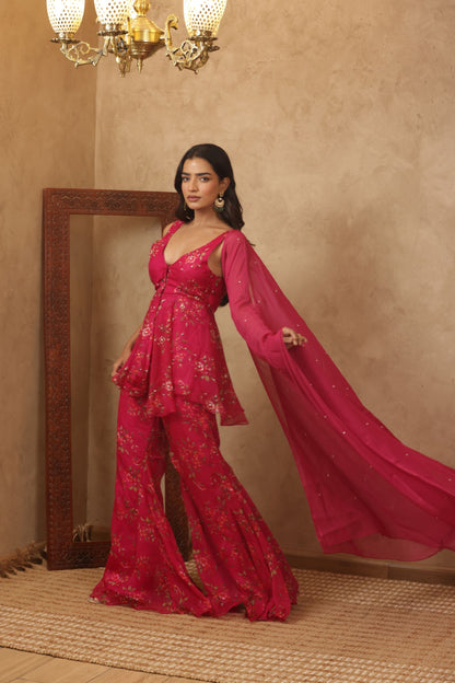 RAAJVI PINK FLORAL EMBROIDERED KURTI SHARARA SET