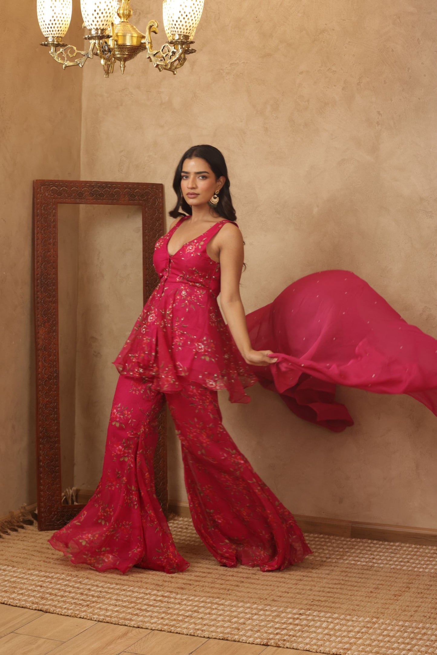 RAAJVI PINK FLORAL EMBROIDERED KURTI SHARARA SET