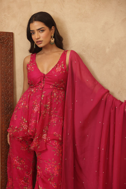 RAAJVI PINK FLORAL EMBROIDERED KURTI SHARARA SET