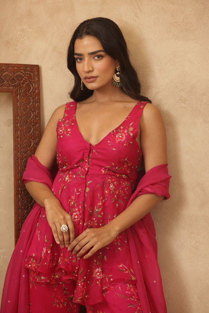 RAAJVI PINK FLORAL EMBROIDERED KURTI SHARARA SET