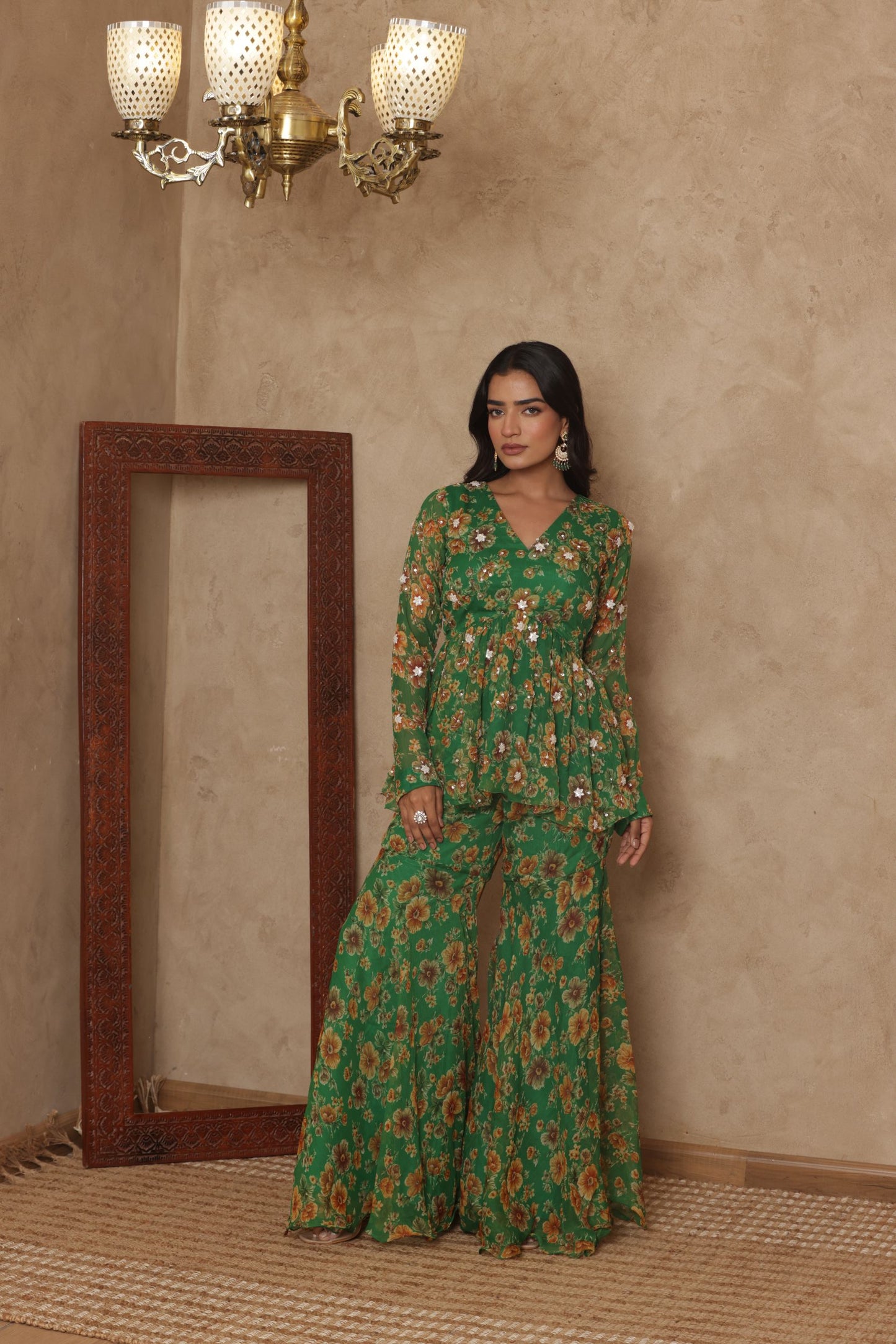 PAARVI GREEN FLORAL EMBROIDERED KURTI SHARARA SET