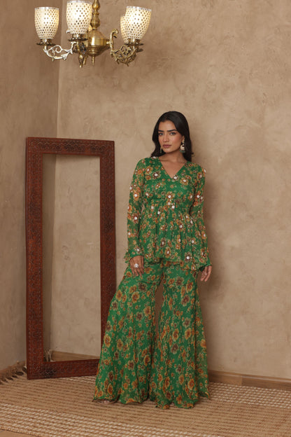 PAARVI GREEN FLORAL EMBROIDERED KURTI SHARARA SET