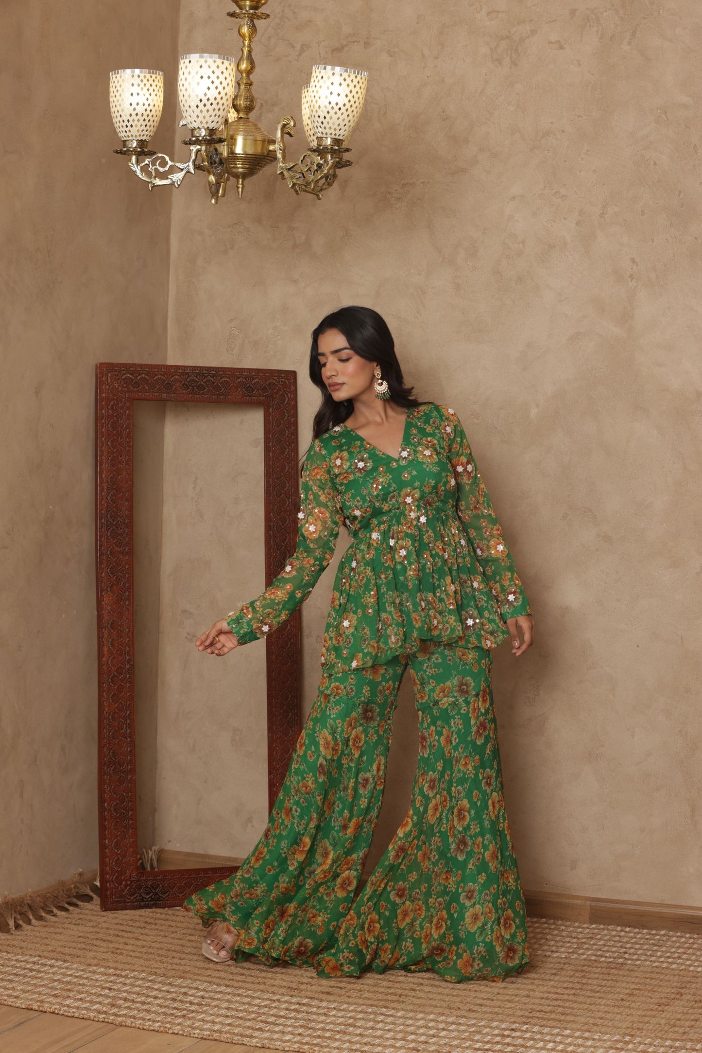 PAARVI GREEN FLORAL EMBROIDERED KURTI SHARARA SET