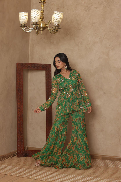 PAARVI GREEN FLORAL EMBROIDERED KURTI SHARARA SET