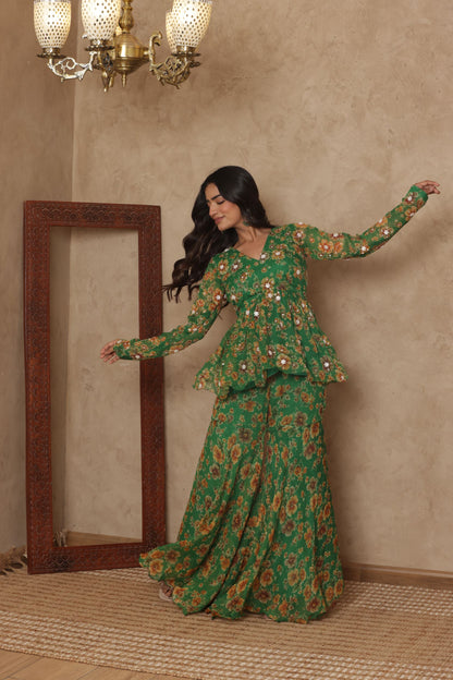 PAARVI GREEN FLORAL EMBROIDERED KURTI SHARARA SET