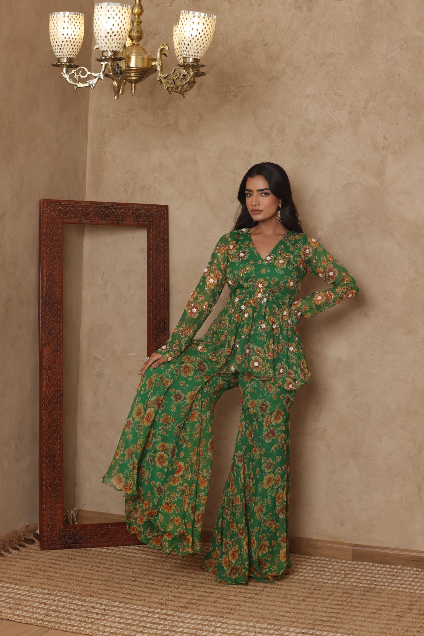 PAARVI GREEN FLORAL EMBROIDERED KURTI SHARARA SET