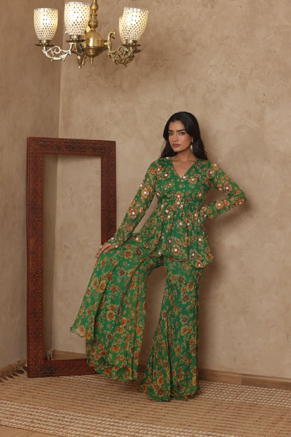 PAARVI GREEN FLORAL EMBROIDERED KURTI SHARARA SET