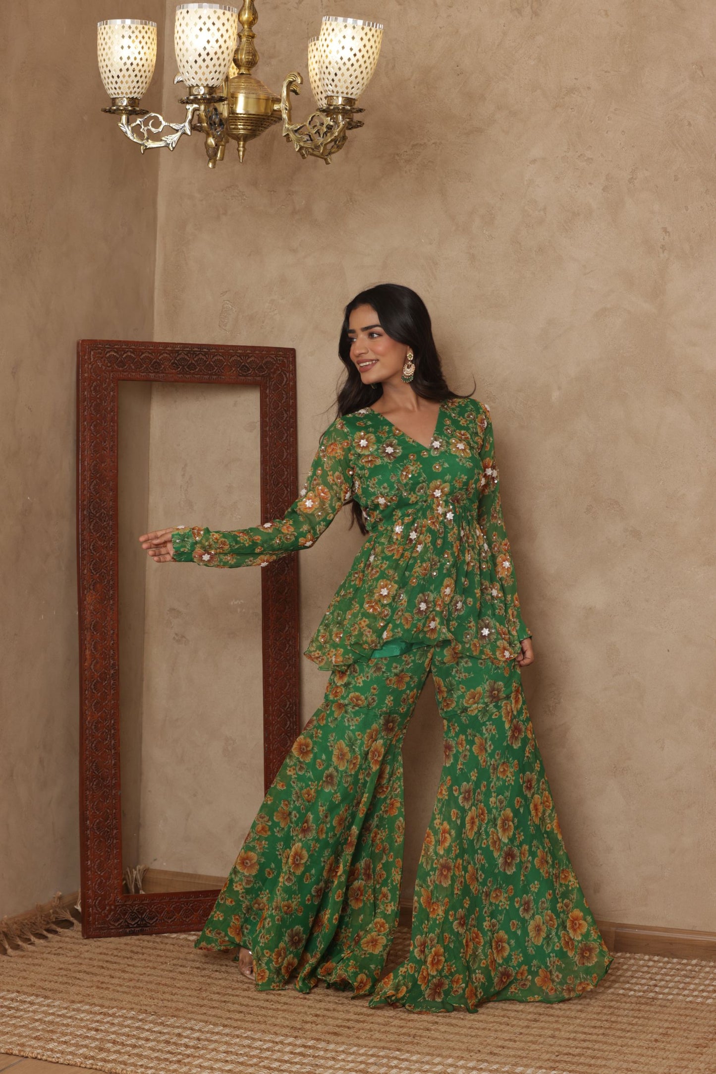 PAARVI GREEN FLORAL EMBROIDERED KURTI SHARARA SET