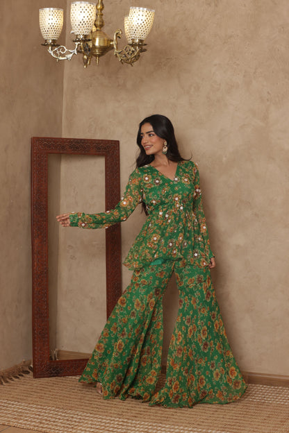 PAARVI GREEN FLORAL EMBROIDERED KURTI SHARARA SET