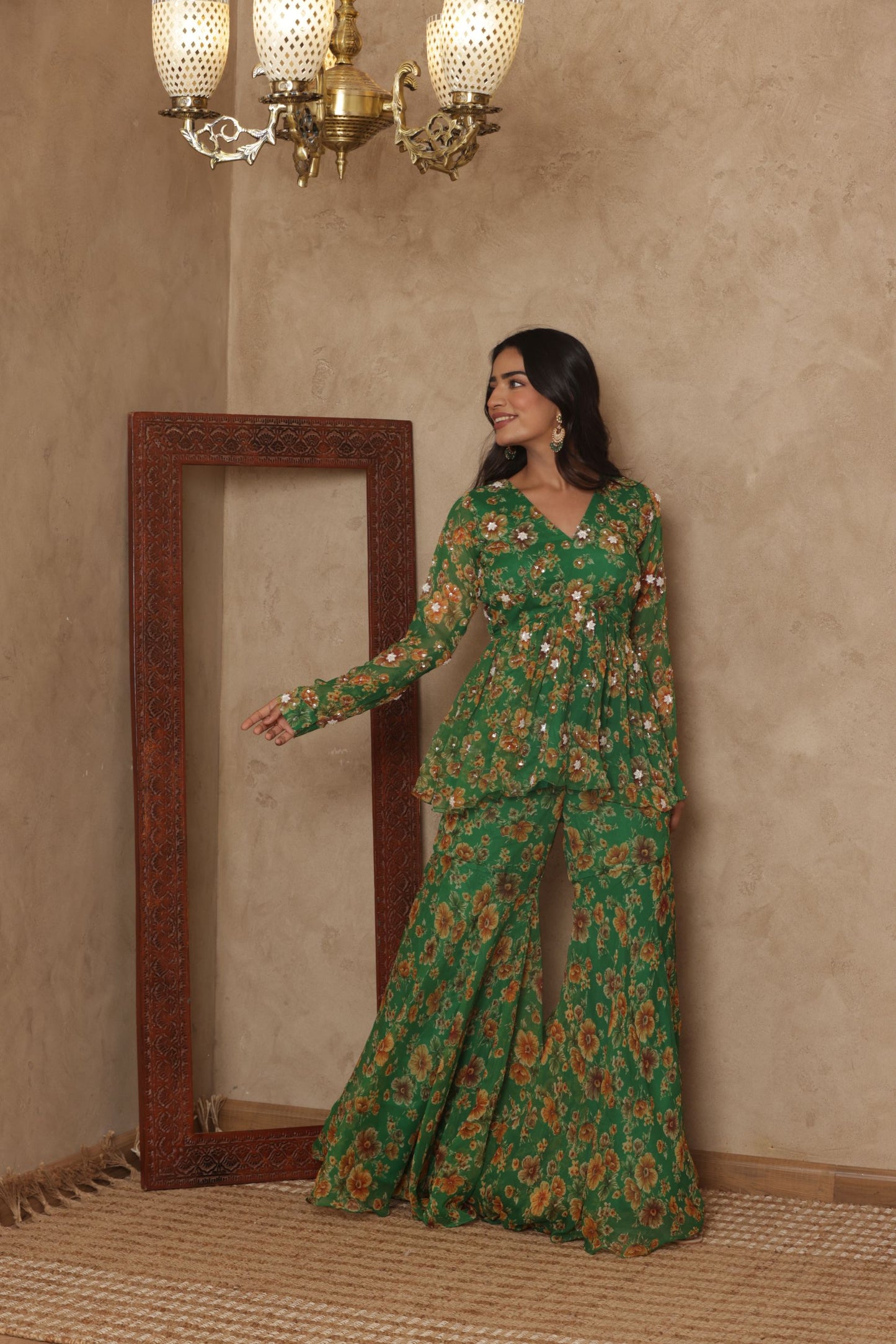 PAARVI GREEN FLORAL EMBROIDERED KURTI SHARARA SET