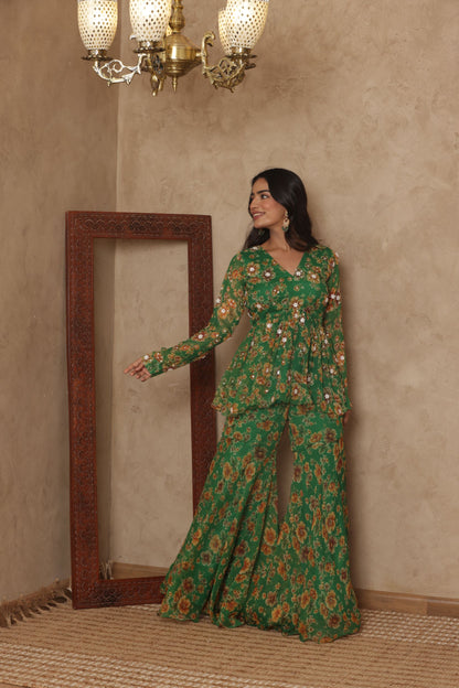 PAARVI GREEN FLORAL EMBROIDERED KURTI SHARARA SET