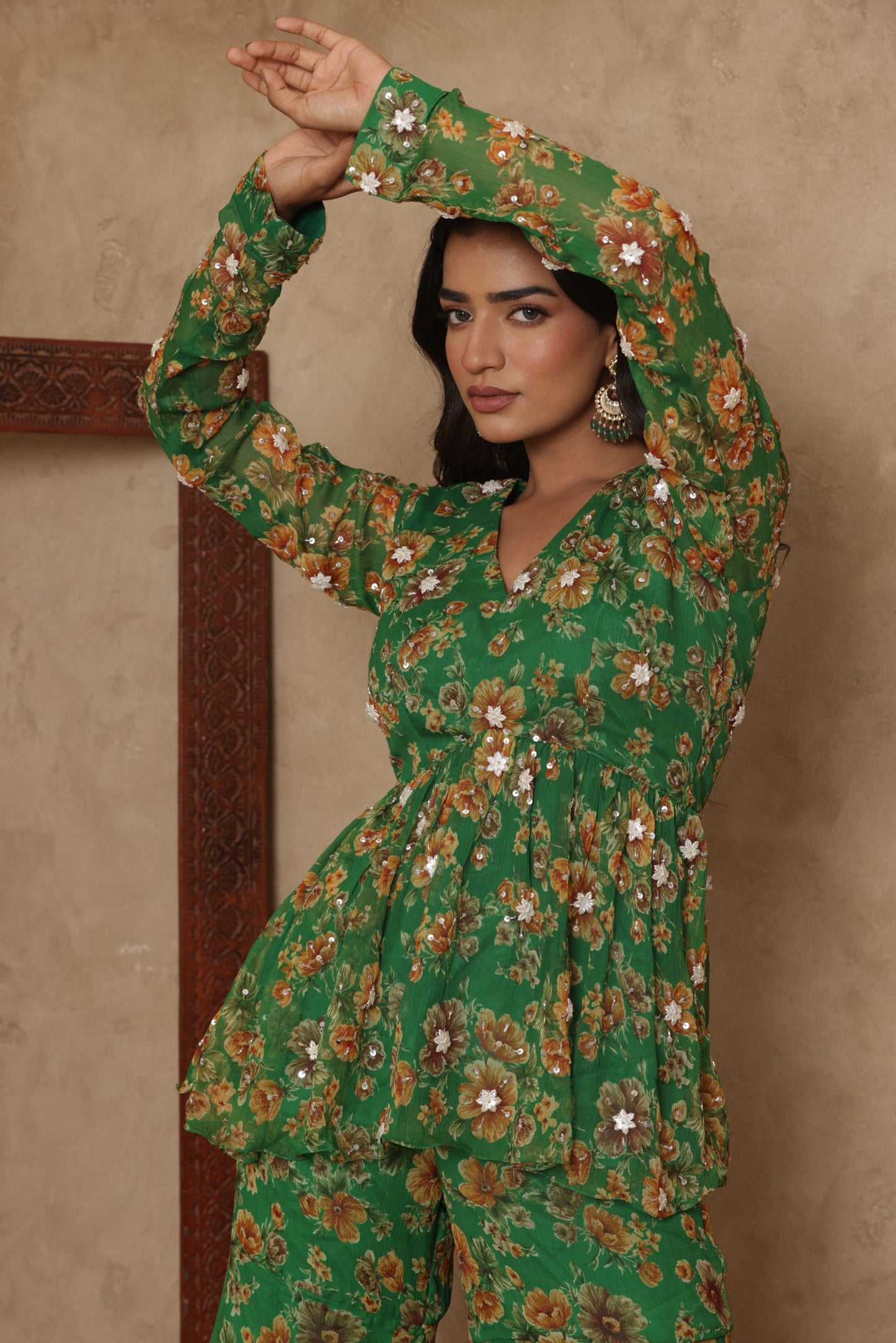 PAARVI GREEN FLORAL EMBROIDERED KURTI SHARARA SET