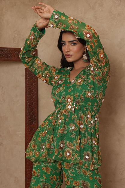 PAARVI GREEN FLORAL EMBROIDERED KURTI SHARARA SET