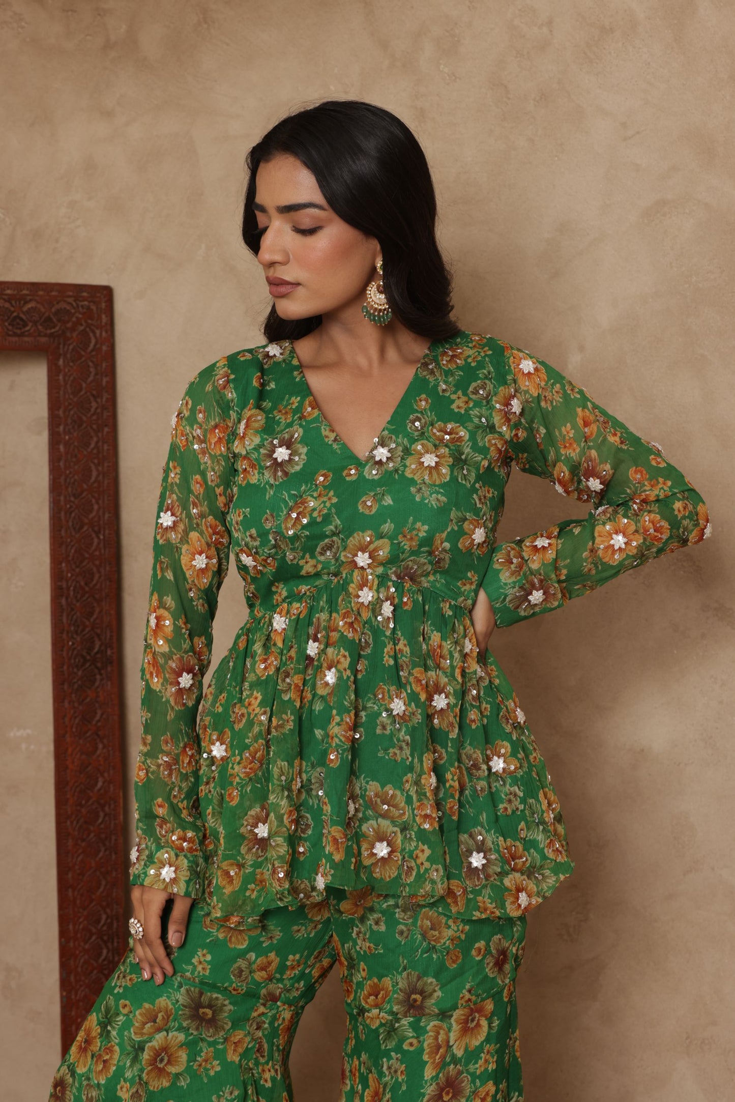 PAARVI GREEN FLORAL EMBROIDERED KURTI SHARARA SET