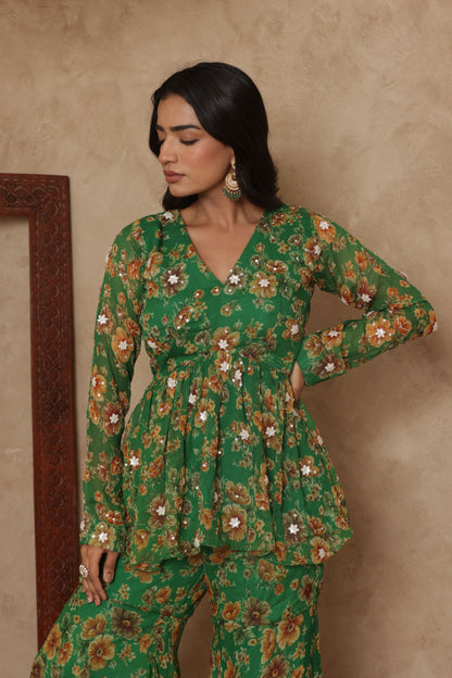PAARVI GREEN FLORAL EMBROIDERED KURTI SHARARA SET