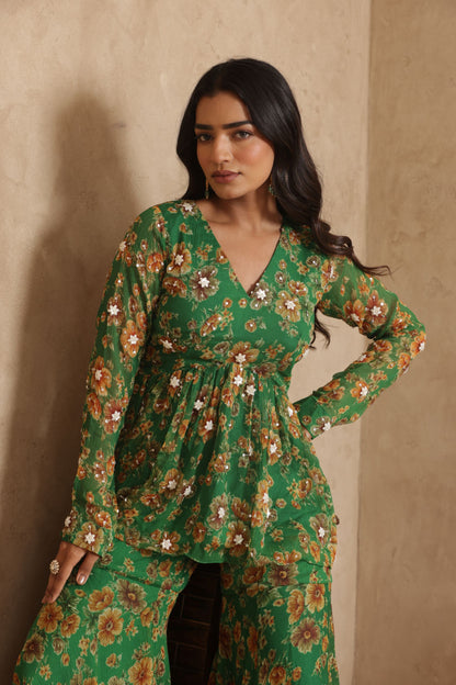 PAARVI GREEN FLORAL EMBROIDERED KURTI SHARARA SET