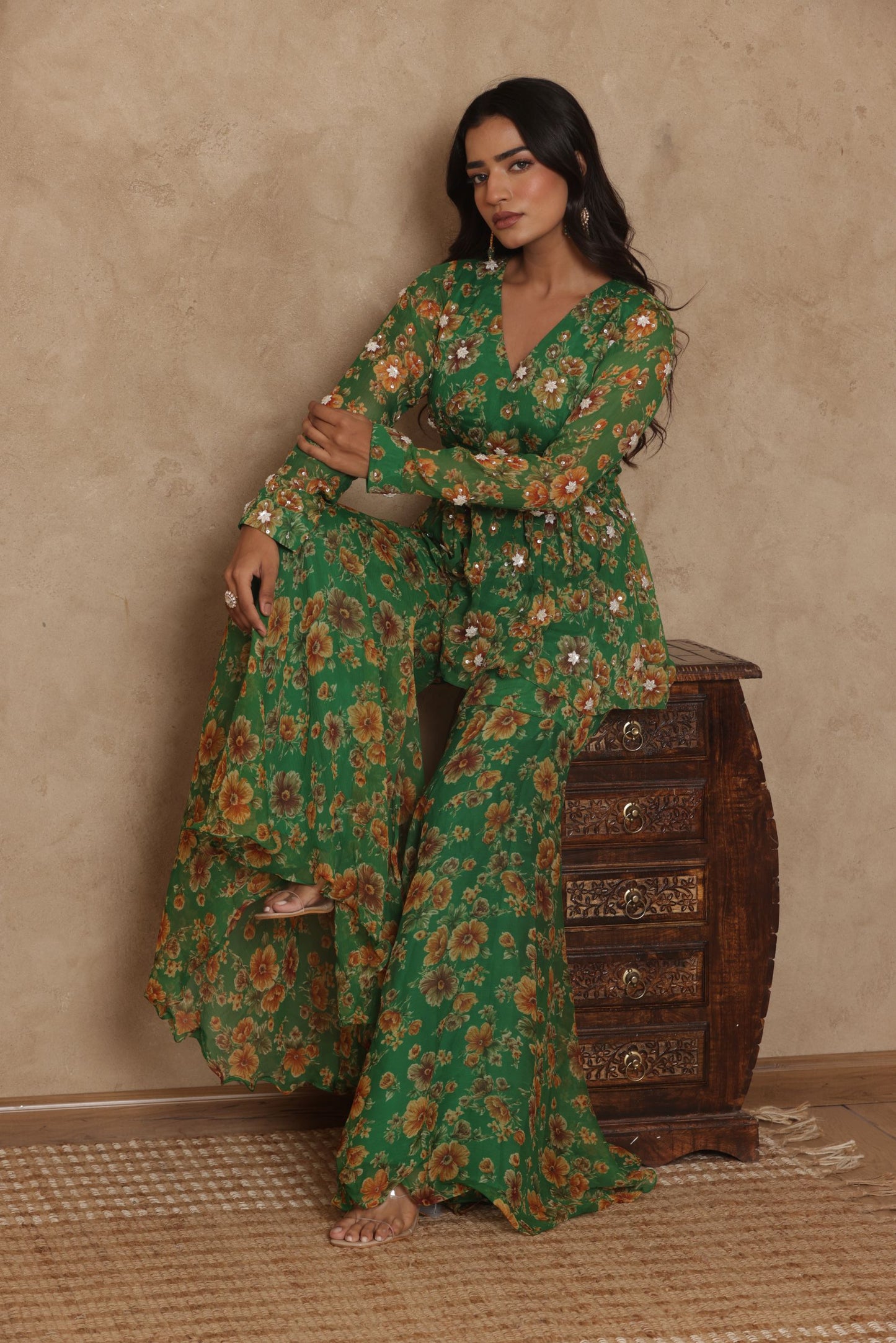 PAARVI GREEN FLORAL EMBROIDERED KURTI SHARARA SET
