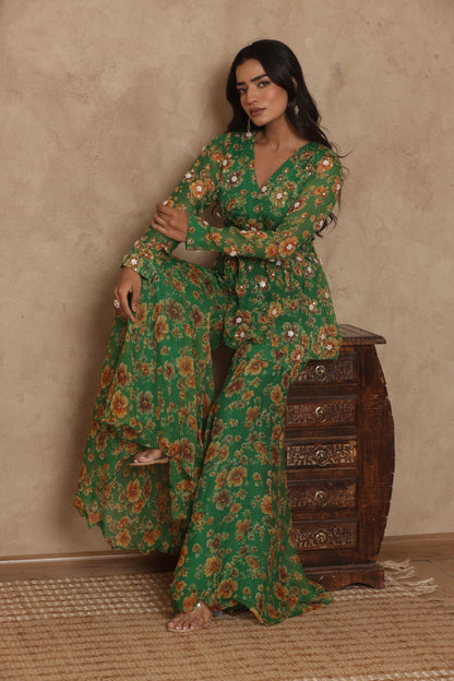 PAARVI GREEN FLORAL EMBROIDERED KURTI SHARARA SET
