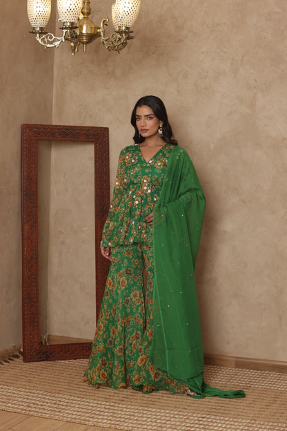 PAARVI GREEN FLORAL EMBROIDERED KURTI SHARARA SET