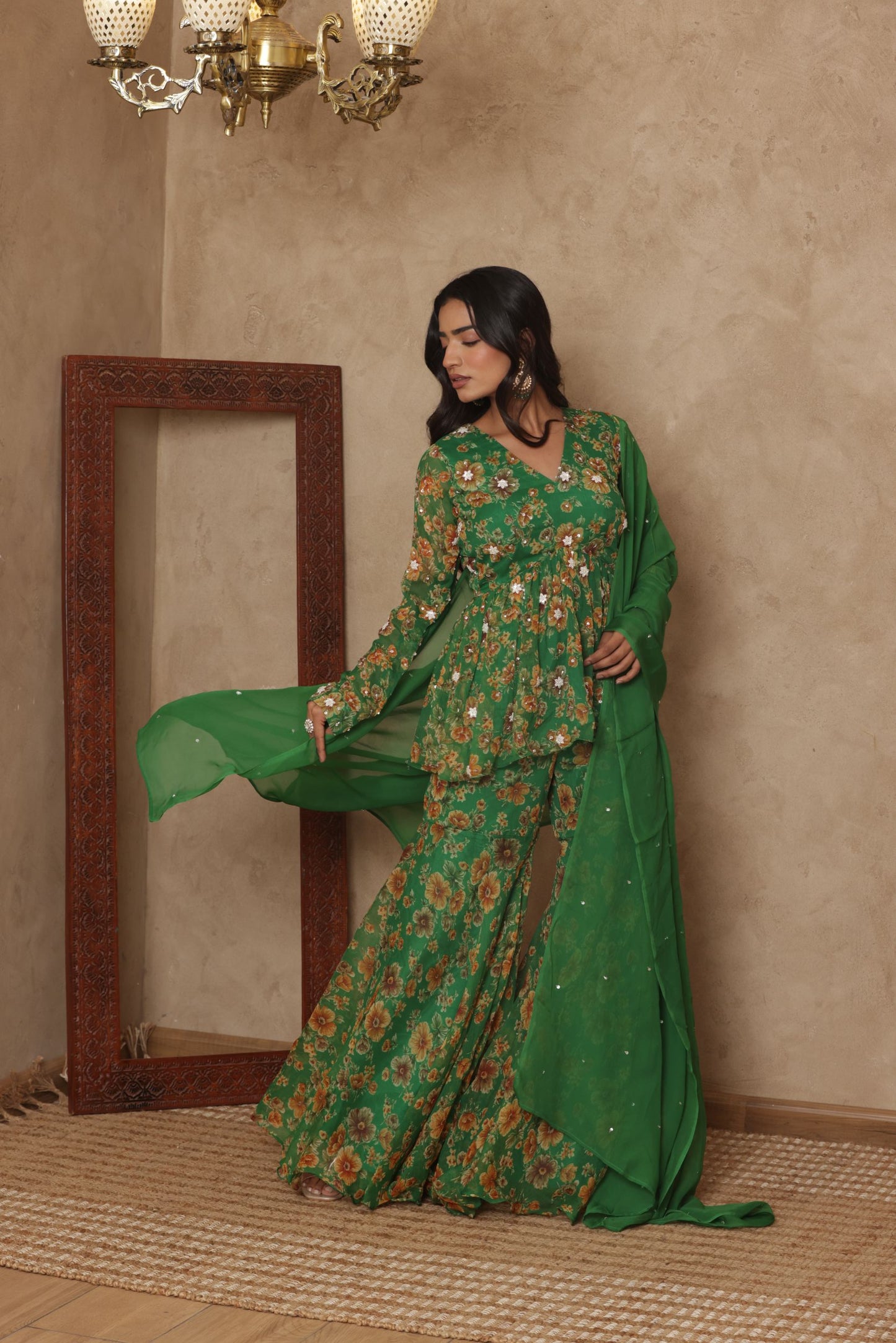 PAARVI GREEN FLORAL EMBROIDERED KURTI SHARARA SET