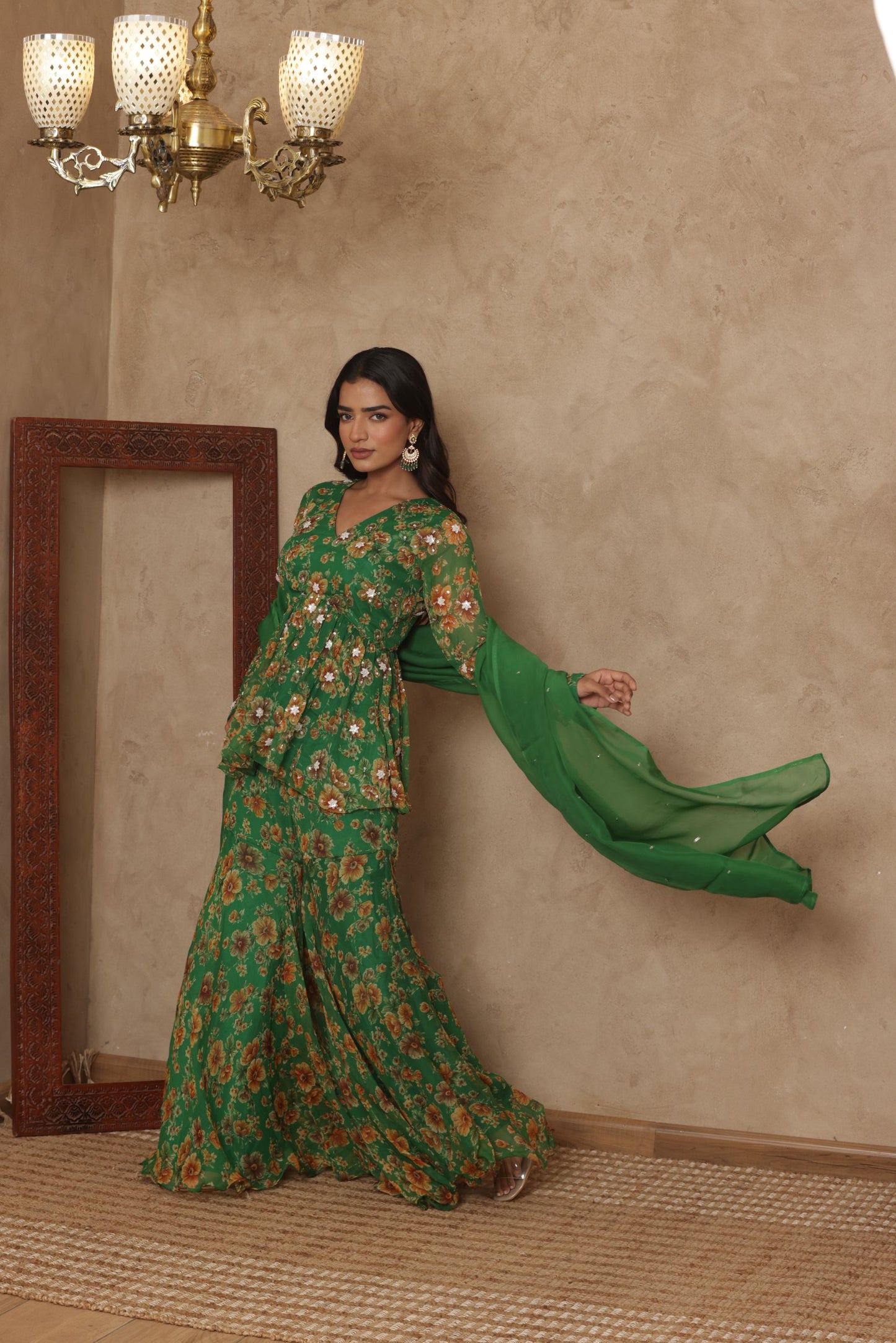 PAARVI GREEN FLORAL EMBROIDERED KURTI SHARARA SET