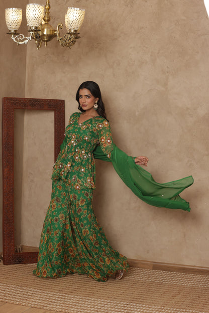 PAARVI GREEN FLORAL EMBROIDERED KURTI SHARARA SET